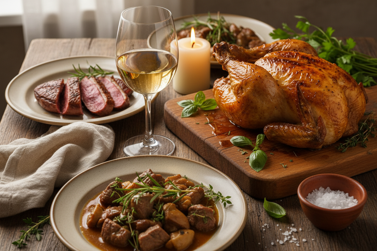 Quel vin avec la viande blanche et la volaille ? Le guide complet (poulet, canard, dinde, veau, porc)